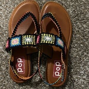 Pop  Brown Sandals with Colorful Stitching